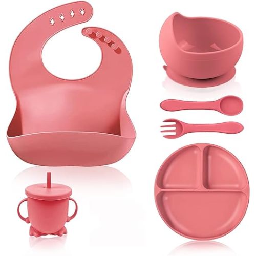 Silicone Baby Feeding Set with Suction Plates, Bowl, Silicone Bibs, Forks and Spoons for Babies (Dusty Pink), Medium, A1112