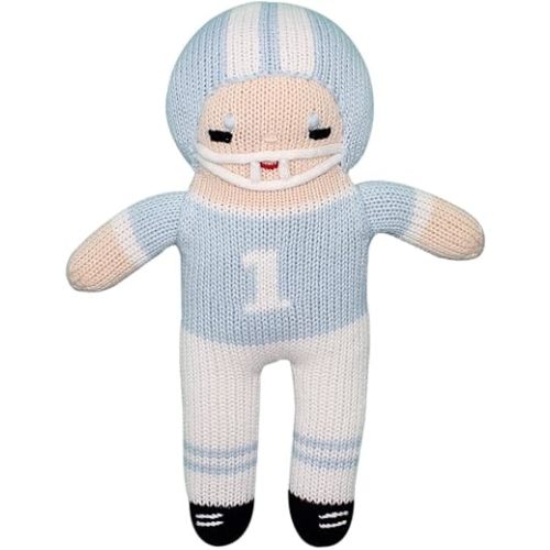 Baby Boys’ Hand-Knit Football Player Plush Toy, All-Natural Fibers, Eco-Friendly, Light Blue & White, 7-Inch Rattle