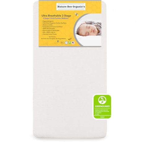 Nature Bee Organic's 2-Stage Ultra Breathable Premium Crib & Toddler Mattress I 100 Hypoallergenic I GreenGuard Gold Certified I 6" Thick Plush Support I 100% Breathable