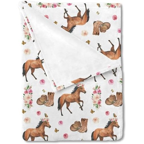 HawSkgFub Horse Rose Floral Baby Blankets Girls Shower Gift, Western Cowgirl Hat Boots Pink Flower Fleece Nursery Bed Receiving Swaddle, Wild West Soft Newborn Infant Toddler Kids Crib Bedding 30 x 40