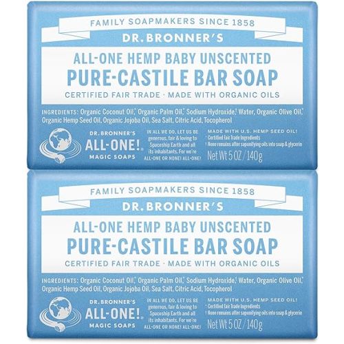 Dr. Bronner's Pure-Castile Baby Unscented Bar Soap - Made with Regenerative Organic Certified Oils - For Face, Hand, Hair - Gentle on Sensitive Skin- All Natural Bar Soap for Men & Women -2 pack, 32oz