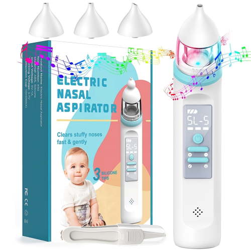 Nasal Aspirator for Baby, Electric Nose Booger Sucker,Automatic Nose Cleaner USB Rechargeable with 3 Silicone Tips, 5 Suctions Power, Music & Colorful Light Soothing Function for Infants Newborn Kids