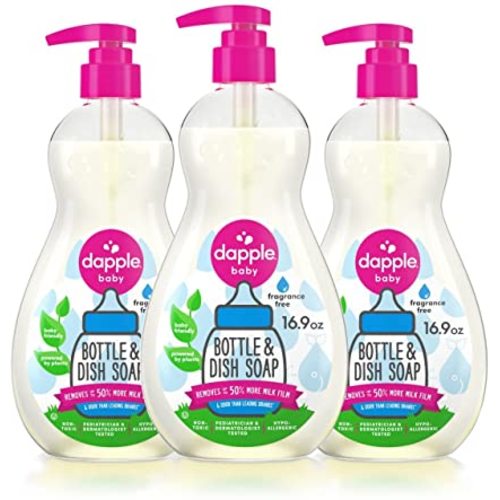 Dapple Baby, Bottle and Dish Soap Dish Liquid Plant Based Hypoallergenic 1  Pump Included, Packaging May Vary, Fragrance Free, 16.9 Fl Oz (Pack of 3)