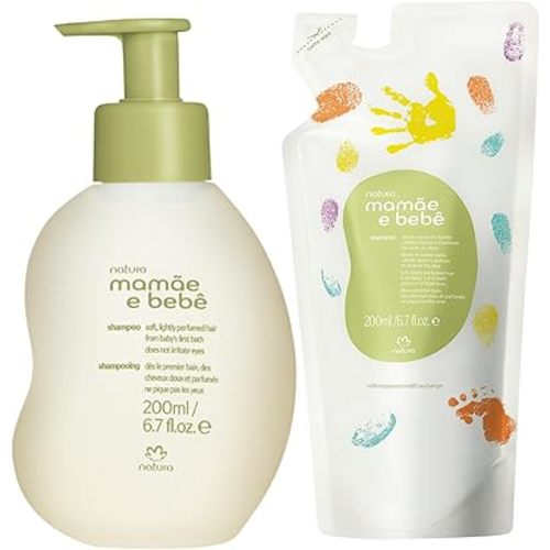 natura - Mamãe e Bebê Baby Shampoo with Refill - 100% Vegan - Safe & Gentle Formula - 98.4% Natural Origin - All Skin Types - Cruelty Free - Brazilian Beauty - Baby Essentials - 6.7 fl oz (200ml)