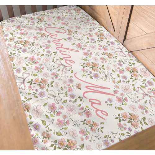 Vintage Floral Bow Crib Sheet Watercolor Floral Feminine Girl Nursery Bedding Pink Bow Personalized Crib Sheet Girl Baby Shower Gift Custom