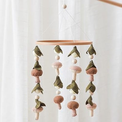 Baby Mobile for Crib,Crib Mobile for Boys Girls, Soft Crib Toys Hanging,Baby Mobile for Bassinet,Boho Nursery Decor Neutral(Mushroom,Leaves,Cotton)