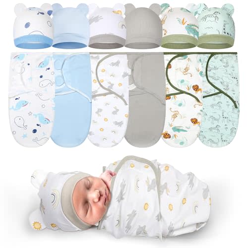 Ramede 6 Pack Preemie Swaddle Blanket with Hats Sleep Swaddle for Baby Boy Girl Preemie Newborn Sacks Soft Cotton Wearable(Whale,Blue and Green)