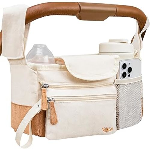 V VOLKGO Stroller Caddy with Cup Holder - Stroller Organizer Bag for Baby Travel Gear, Baby Bottle Organizer & Baby Diaper Caddy | Insulated XL 40oz, Detachable Wristlet, Premium Canvas & Natural Cork