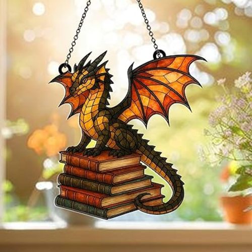 Dragon Book Acrylic Suncatcher for Windows Hanging – Dragon Suncatcher Ornament - Whimsical Decor Book Lovers Gifts, Bookshelf Decor (Sun-21)