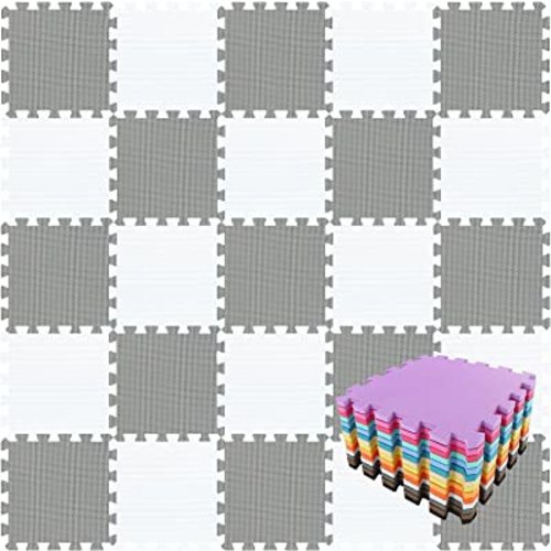 qqpp EVA Rubber 18 Tiles Interlocking Puzzle Foam Floor Mats - Baby Play Mat for Playing | Exercise Mat for Home Workout. White, Gray. QC-ALb18N