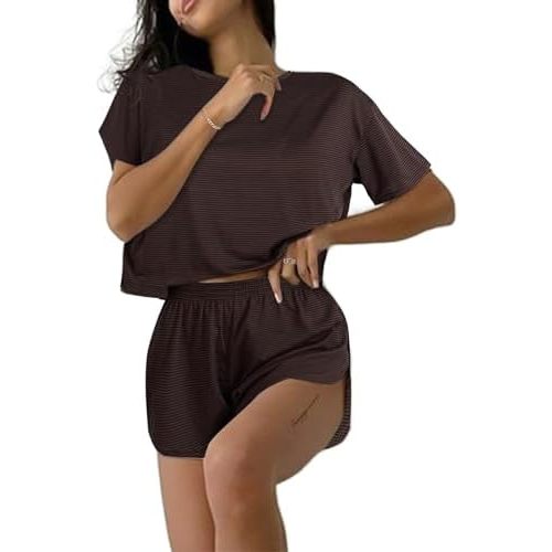 Remidoo Women's Striped Tee Shirts and Shorts Pajamas Set Side Slit Crewneck Loungewear