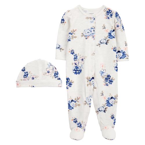 Baby 2-Piece Floral Snap-Up Sleep & Play & Cap Set - NB - Style,Ivory
