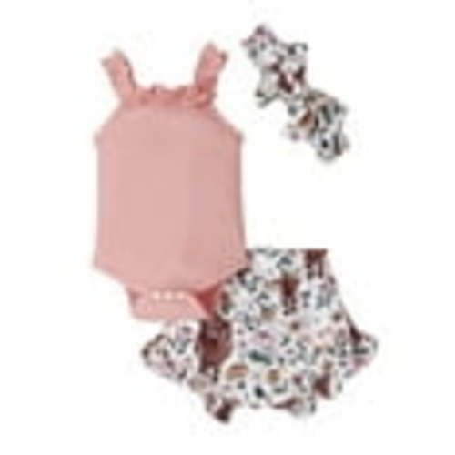 3Pcs Newborn Baby Girl Western Outfits Sleeveless Ribbed Knit Romper Cow Print Ruffle Shorts Headband Clothes Set
