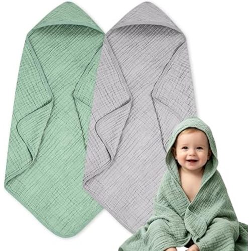 Hooded Baby Towels, 2 Pack100% Muslin Cotton Baby Bath Towels, 32×32 Inch for Toddler, Infant and Babies, Ultra Soft & Absorbent, Newborn Essentials (Dark Green + Gray)