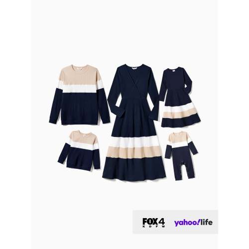 Family Matching Color-Block Knit Long-Sleeved Dresses And Tops Sets Multi-color