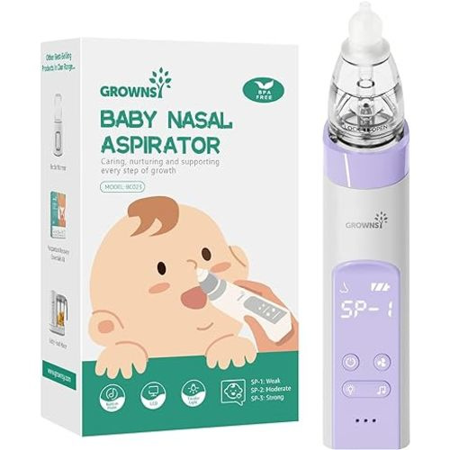 GROWNSY Nasal Aspirator for Baby, Electric Baby Nose Sucker, Automatic Nose Cleaner with 3 Silicone Tips, Adjustable Suction Level, Music and Light Soothing Function, Purple