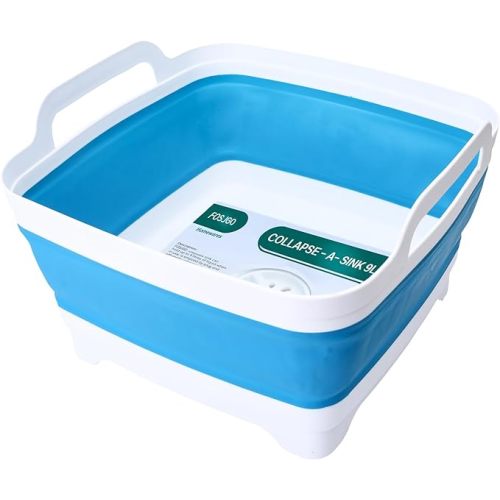 FOSJGO Dish Basin Collapsible with Drain Plug Carry Handles for 9 L Capacity, Collapsible Sink Tub, Dish Wash Basin, Portable Dish Tub, Foldable Dishpan for Camping Dish Washing Tub and RV Sink