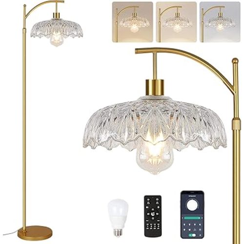 Floor Lamp for Living Room Bedroom with Remote Boho Arc Standing Lamp Dimmable Gold Farmhouse Glass Lamp Shade Mid Century Modern Floor Light Tall Lamp Floor Lamps Bohemian