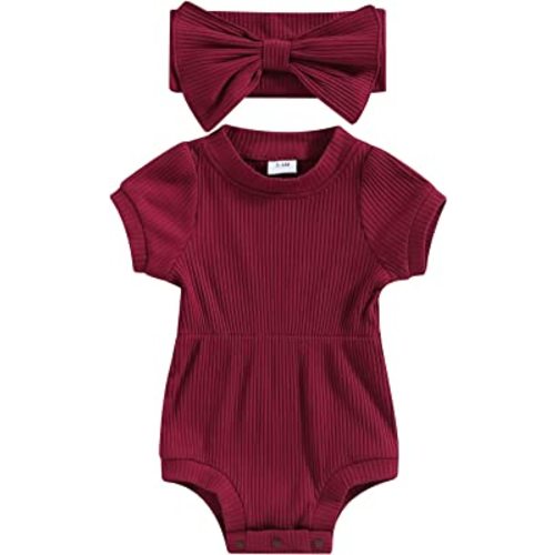 Baby Girl Summer Clothes Ribbed Short Sleeve Romper Solid Color Bodysuits Bow Headband Outfit Newborn Girl Jumpsuit