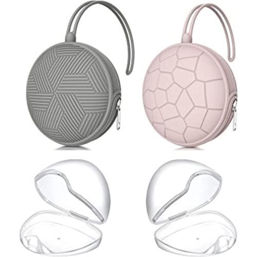 Smlpuame 4 Pack Pacifier Holder Case Set,2 Silicone Portable Pacifier Cover Pouch Bag for Diaper Bags Baby Carriage with 2 Transparent Pacifier Storage Container Box,Easy to Clean,(Pink & Grey)
