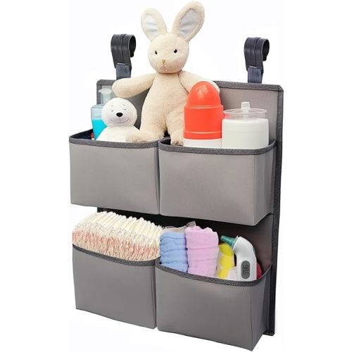 Hanging Diaper Organizer for Crib/Playpen/Bassinet – Hold 80+ Diapers - 4 Deep Pockets-H19in x L15 in Changing Table Diaper Holder - Hanging Diaper Stacker Nursery Caddy Organizer - Grey