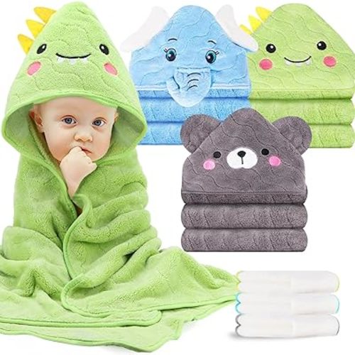 6 PCS Baby Towels, 3 PCS Soft Hooded Baby Towels & 3 PCS Washcloths, Baby Bath Towels for Newborns, Infants & Toddlers- Coral Fleece, Soft & Ultra Absorbent, Cute Towel Gift for Boys & Girls