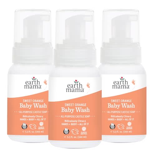 Earth Mama Sweet Orange Baby Wash Liquid Foaming Hand Soap, Organic All Purpose Body Wash for Sensitive Skin, Castile Soap with Coconut Oil, Shea Butter, Calendula, & Aloe, 3-Pack (Packaging May Vary)