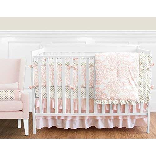 Sweet Jojo Designs 9-Piece Blush Pink White Damask and Gold Polka Dot Amelia Baby Girls Crib Bedding Set with Bumper