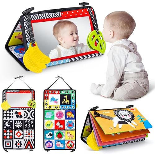 Vasdoo Tummy Time Baby Mirror Toys, High Contrast Black and White Sensory Infant Toys,Brain Developmental Montessori Newborn Toys with Crinkle Cloth Book for Boys and Girls Gift 0 3 6 12 Months