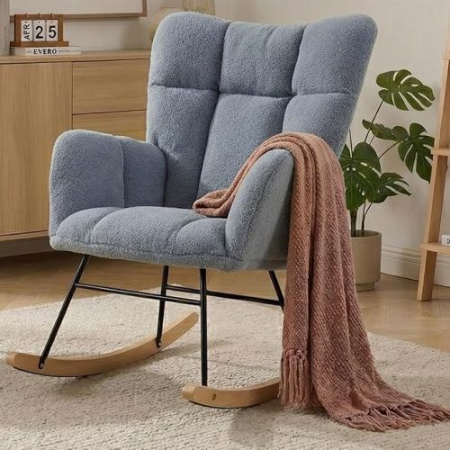 Nursery Rocking Chair, Teddy Upholstered Glider Chair with Thick Cushion, Tufted Gliding Rocker Chair with Wood Leg, Cozy Rocking Armchair, Accent Rocking Chair for Living Room (Blue)