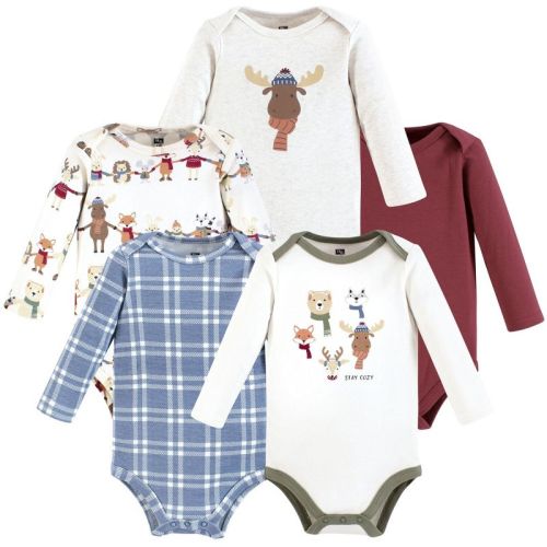 Hudson Baby Infant Boys Cotton Long-Sleeve Bodysuits 5-Pack, Cozy Woodland Friends, 0-3 Months