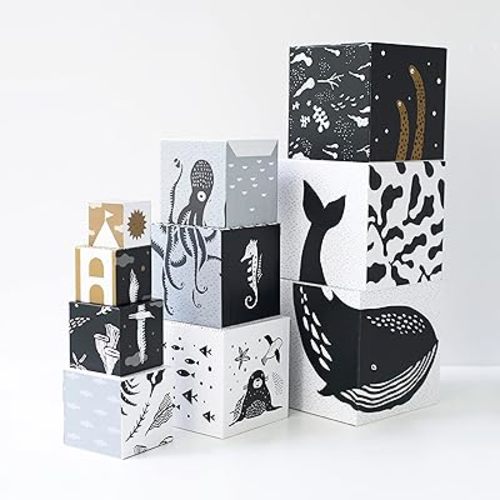 Wee Gallery Nesting Blocks - Ocean Animals and Numbers - Black and White Stacking and Building Toy for Toddlers and Kids - Motor Skills, Creative Play and Problem Solving for Children (Ages 2 and up)