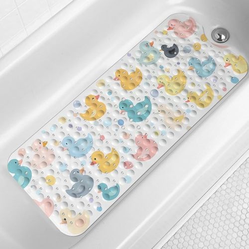 LNOND Bath Mat for Tub for Kids, Toddler Bathtub mat Non Slip, Colourful Cartoon Duck Kids Bath Mats for Bathroom Non Slip with Drain Holes and Suction Cups,Machine Washable (40 X 16 Inch)