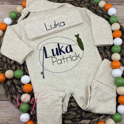 Infant boy coming home set, Baby Footie with Beanie, Infant coming home fishing set, Baby Romper and hat, Newborn Coming home set boy