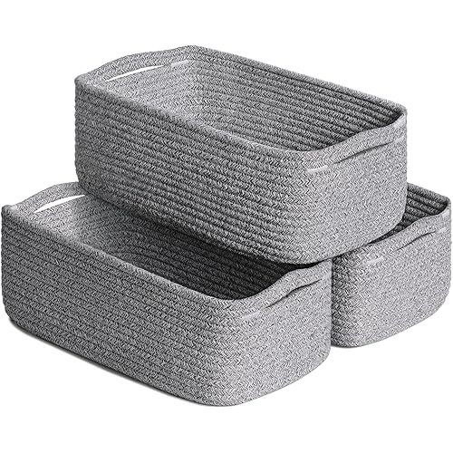 Goodpick Storage Baskets, Storage Bins for Shelves Gift Baskets Empty Small Toy Baskets Baby Rope Basket Woven Basket for Towels for Decor 3 Pack, White & Gray, 13 x 8 x 5 in