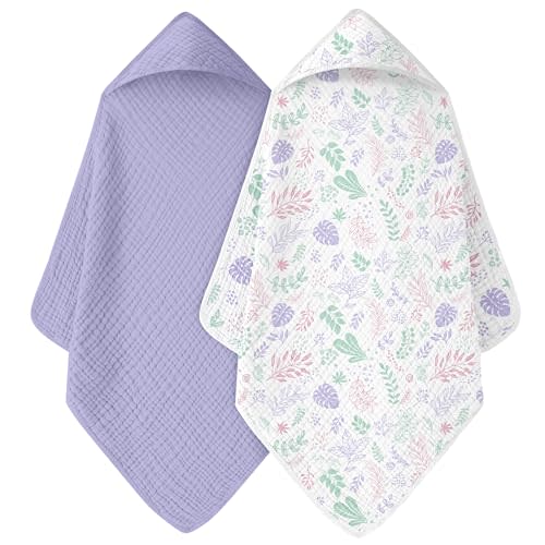 FIEMOL Baby Bath Towels, 100% Muslin Cotton Hooded Baby Towels for Newborn, 2 Pack Baby Towels with Hood for Infant Toddler and Kids, Large 32x32Inch, Soft and Absorbent