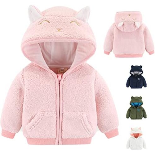 Newborn Infant Baby Boys Girls Cartoon Fleece Hooded Jacket Coat with Ears Warm Todder Kids Outwear Coat Zipper Up 0-6Y