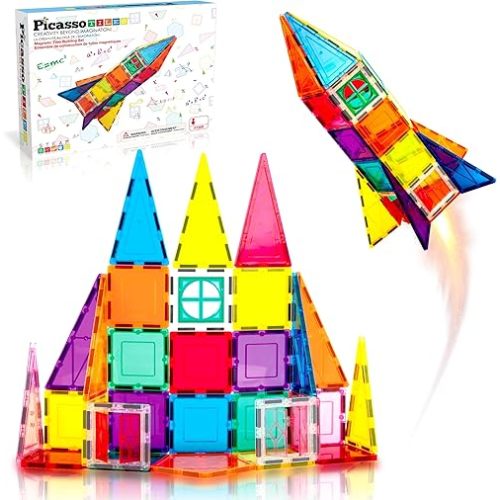 PicassoTiles 36pc Magnetic Tiles Rocket Set Construction Toy Magnet Building Block Engineering STEM Learning Child Brain Development Stacking Kit Window Door Playboard for All Ages 3 and Up PT36B