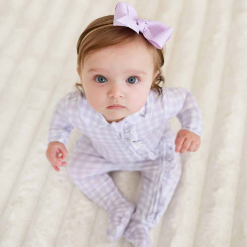 Peter Pan Collar Ruffle Zipper Footie | Lilac Gingham