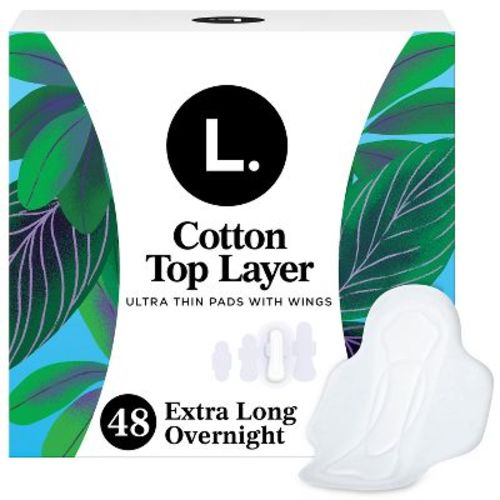 L. Organic Cotton Top Layer Ultra Thin Pads with Wings - Extra Long Overnight Absorbency - 48ct