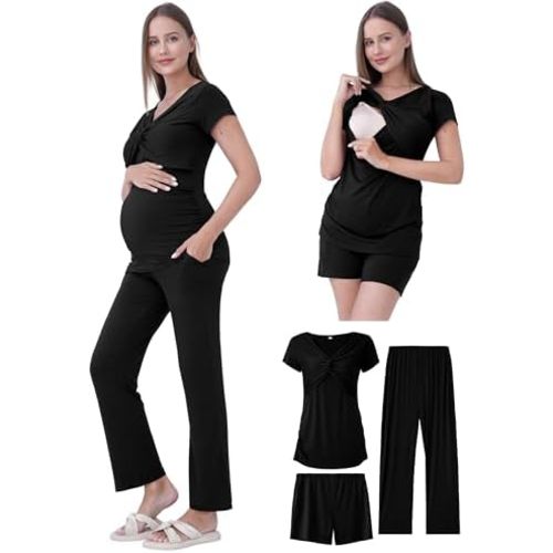 Maternity Nursing Pajamas Set 3PCS, Breastfeeding Tops, Adjustable Shorts & Pants, Postpartum Hospital Bag Essentials