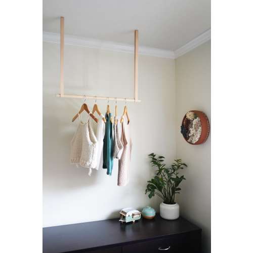Leather straps for clothes rail hanging garment clothing rack nursery decor idea ceiling mounted laundry room drying rack modern farmhouse