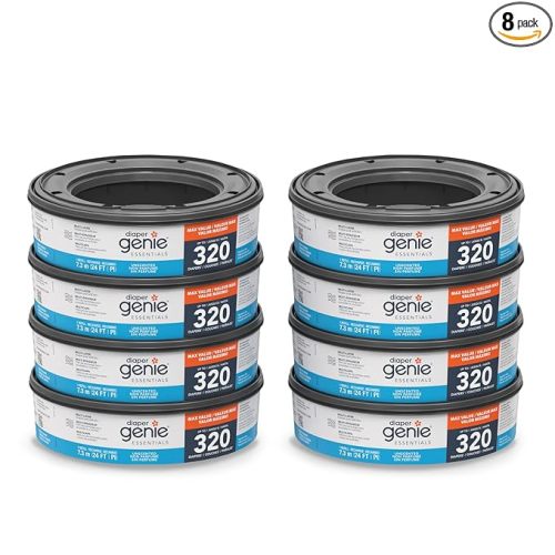 Diaper Genie Essentials Round Refill 8-Pack | Holds Up to 2560 Newborn Diapers | Features Unscented Continuous Film | Compatible with Diaper Genie Complete and Expressions Pails,8 Count (Pack of 1)
