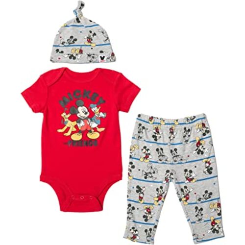 Disney Mickey Mouse Pluto Donald Duck Baby Bodysuit Pants and Hat 3 Piece Outfit Set Newborn to Infant