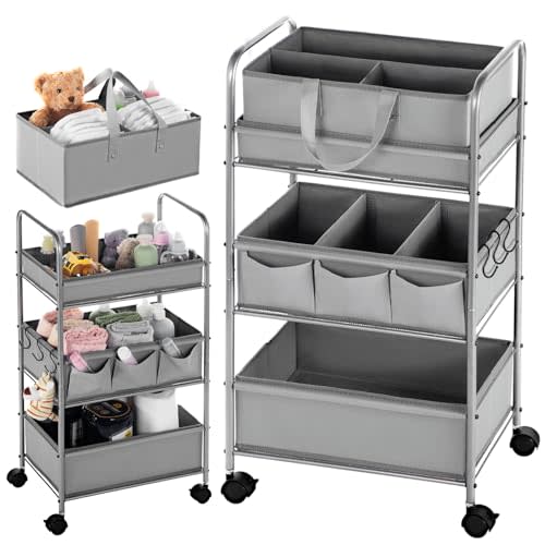 Honeydak 2in1 Baby Diaper Caddy Organizer Cart 3 Tier Large Capacity Metal Utility Bedside Rolling Cart with Divider Newborn Registry Nursery Essential Must Have Crib Bedroom Baby Shower(Gray)