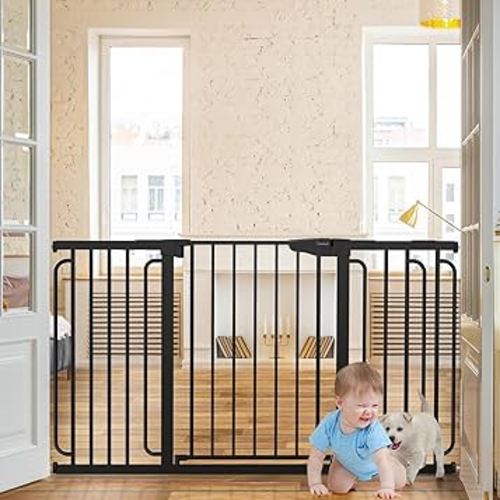 Cumbor 29.7-57" Extra Wide Baby Gate for Stairs, Mom's Choice Awards Winner-Dog Gate for Doorways, Pressure Mounted Walk Through Safety Child Gate for Kids Toddler, Tall Pet Puppy Fence Gate, Black Cumbor 29.7-57" Extra Wide Baby Gate for