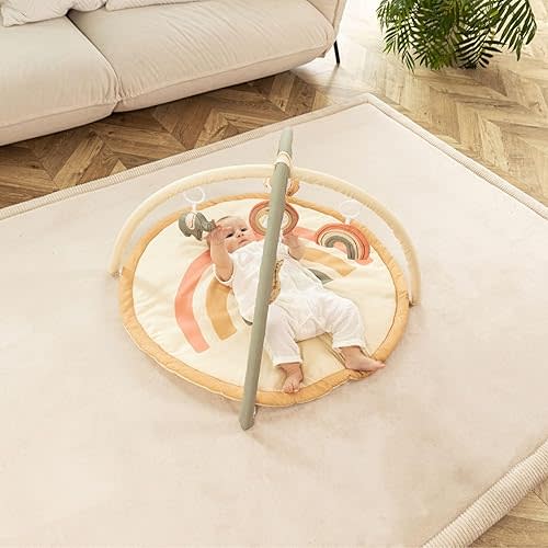 Stylish Coral Velvet Baby Play Mat for Floor 60"x80" Beige – Soft 1" Thick High-Density Memory Foam Nursery Rug, Kids Rug with Non-Slip Backing for Crawling & Playing, Playroom Rug, Kids Carpet