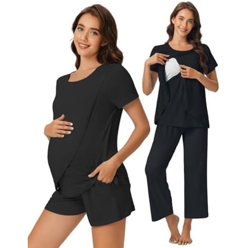 Ekouaer 3 PCS Maternity Nursing Pajamas Set Postpartum Breastfeeding Short Sleeve Shirts, Pregnancy Shorts & Pants Pjs S-XXL