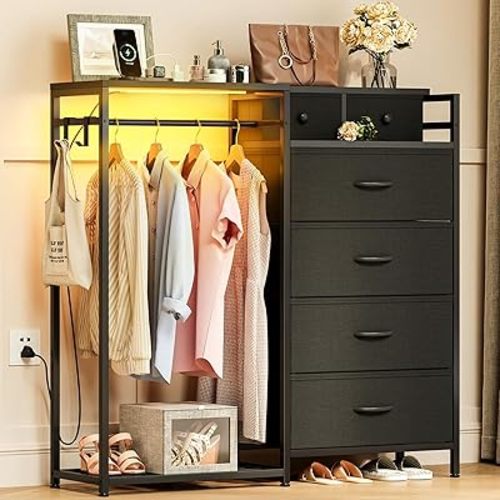 KKL Dresser for Bedroom with Clothes Hanging Rack, Reversible Bedroom Dresser with Shoe Rack & 6 Fabric Drawers, 3-in-1 Storage Chest of Drawers with Led Lights & Charging Station for Closet, Black
