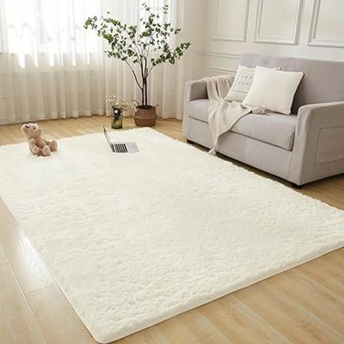 Andency 8x10 Shag Area Rug for Living Room, Cream Soft Fuzzy Plush Indoor Carpets for Bedroom, Non Skid Fluffy Faux Fur Rug for Room
